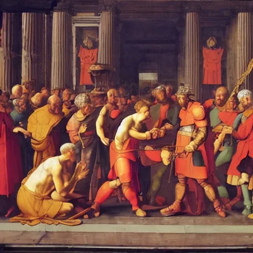 Image similar to alexander cutting the gordian knot, painting by raphael