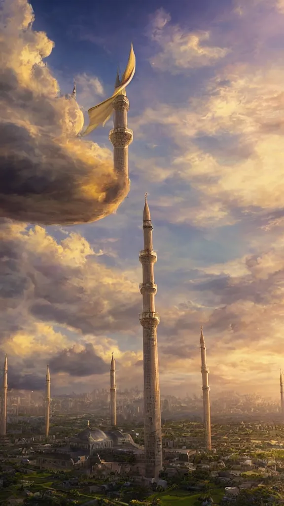 Prompt: a flying full mosque in the sky with fluffy clouds, beuatiful concept art, serene, golden hour, landscape,