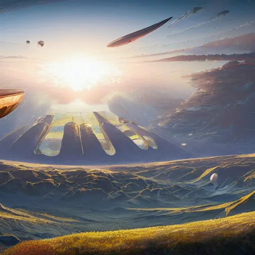 Image similar to panorama,utopia,science fiction,bio-inspired,organic,sunny,michael whelan,redshift render