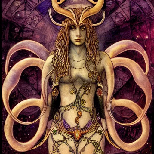 Prompt: aries zodiac artwork, mystic tarot style, detailed, 8 k, symmetrical, by brian froud