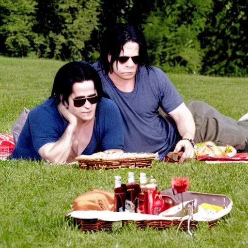 Image similar to glenn danzig and henry rolling enjoying romantic picnic, beautiful day, high resolution,