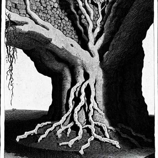 Image similar to at one end of a tomb, its curious roots displacing the time - stained blocks of pentelic marble, grows an unnaturally large olive tree of oddly repellent shape ; so like to some grotesque man, or death - distorted body of a man