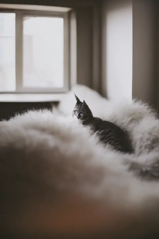 Image similar to “ fluffy grey cat lying on cat bed turning head to look out the window, lying on cat tree, cozy living room, warm, cotton, dramatic lighting, extremely high quality, leica m - a, lux 3 5 fle, portra 8 0 0 ”