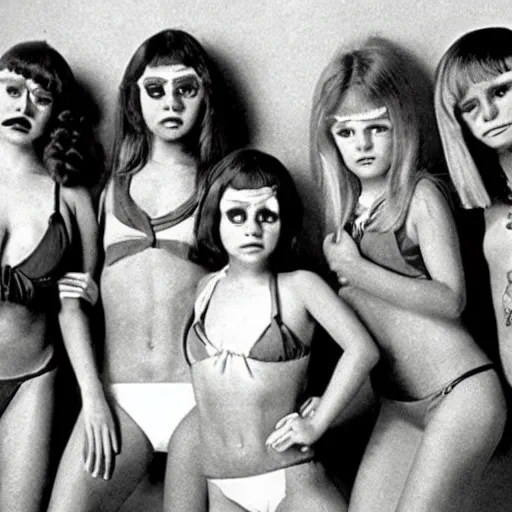 Prompt: still from 1978 live-action children's tv show about a bikini model who enters an eyeball cult color