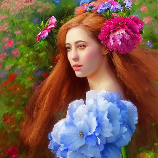 Image similar to a portrait of a romantic woman with flowers grow out of hair, roses peonies forget-me-nots dahlias lupins gladioli, sky theme in background, by Alexandr Averin, Digital Art, Trending on artstation