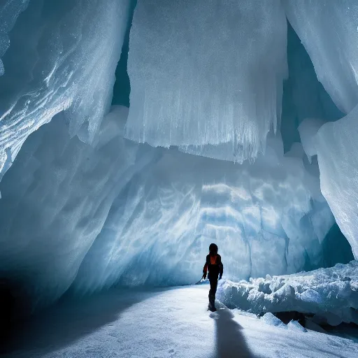 Image similar to ice cave. dramatic orange lighting. photo realistic. lone sihouette of a woman explorer.