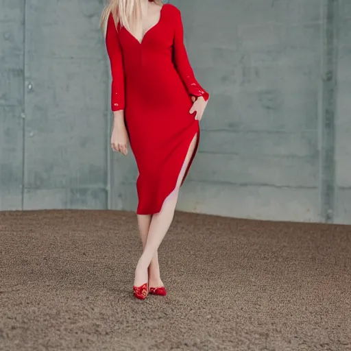 Image similar to photo of slim girl model, blonde, smiling , 20yo, wearing a red dress with high slit, high detail, studio, sharp, 85mm sigma art lens