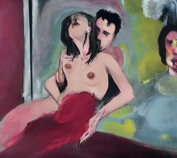 Prompt: lovers collapsed in a the cafe void, curtains, college girl, realistic bodies melting and merging like a pulsating mass of flesh, melting paint oil drips, John Singer Sargant, eerie atmosphere, vibrating colors of Mark Rothko, cinematic, painted by Francis Bacon, style of Adrian Ghenie, ultradetailed 8k, Brett Amory, style of Peter Doig