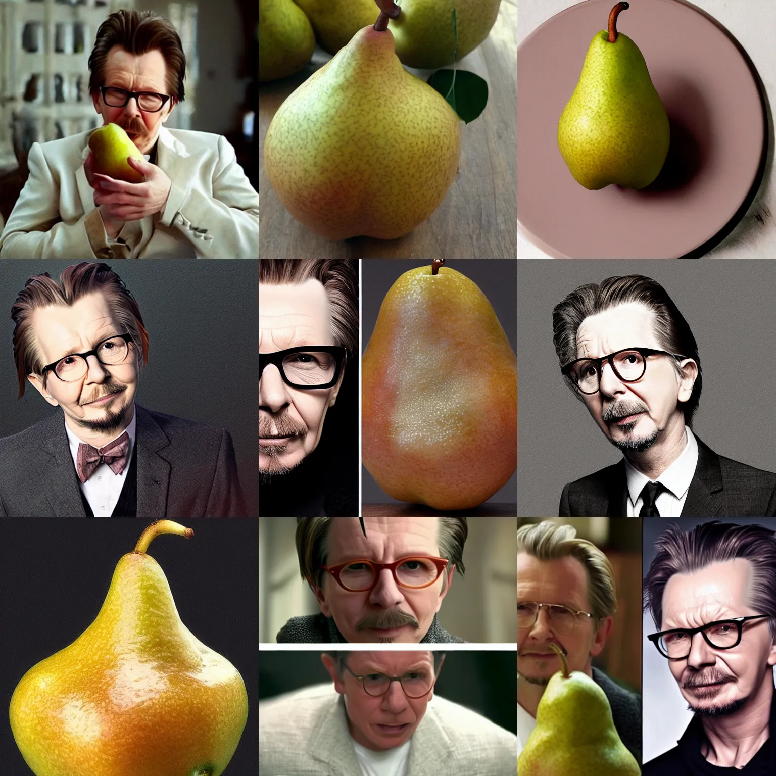 Prompt: a fusion of a pear with gary oldman, a pear with a face