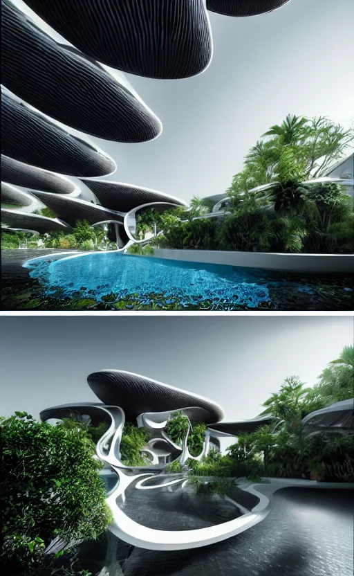 Image similar to villa parametric rhizomorph architecture fluid design, vincent callebaut well - defined style, ultra detailed, monochromatic, natural lighting, volumetric lighting, generative art nebula, cinematic, photo realistic, hyper real, surreal design, flow everywhere, walls made of crystal clear water, droplets on the walls, black metal, magnesium, 8 k,