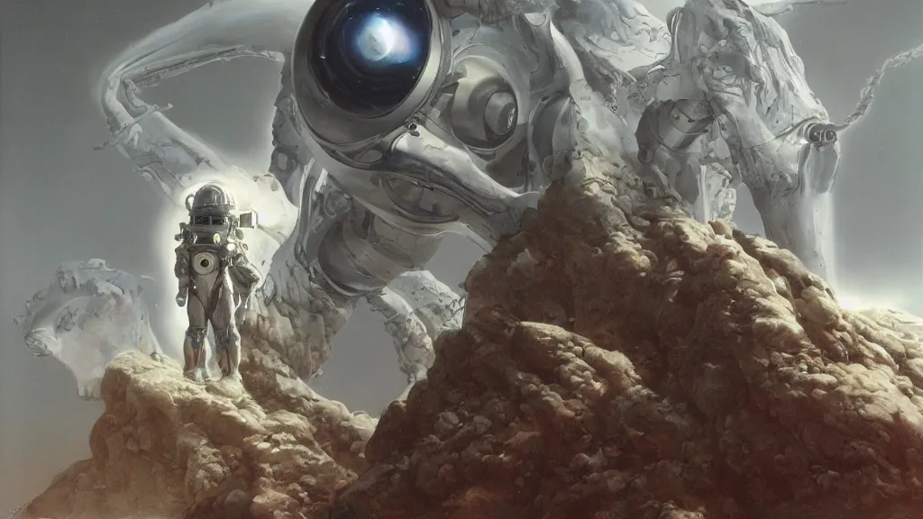 Image similar to futuristic organic spacesuit design by john schoenherr and jim burns, epic cinematic matte painting