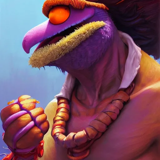 Image similar to gonzo from the muppets as dhalsim from street fighter, 4 k, ultra realistic, detailed focused art by artgerm and greg rutkowski and alphonse mucha