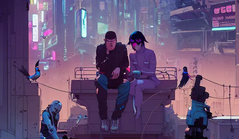 Prompt: cyborg feeding electric pigeons at a dirty crowded streetcorner, cyberpunk, by Josan Gonzalez and Tomer Hanuka and Moebius and Brad Rigney and Greg Rutkowski,highly detailed, UHD, 8K, Ghost in the shell, Blade Runner, (high contrast), bokh, dof