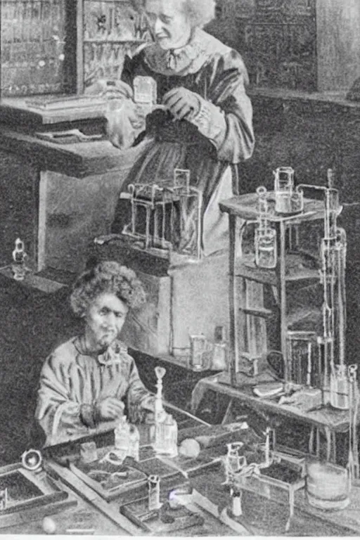 Prompt: marie curie in her lab playing with radioactive matter, children drawing