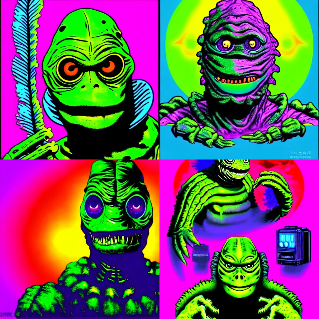 Prompt: creature from the black lagoon with an 8 0 s synthwave background, vibrant colors, digital art