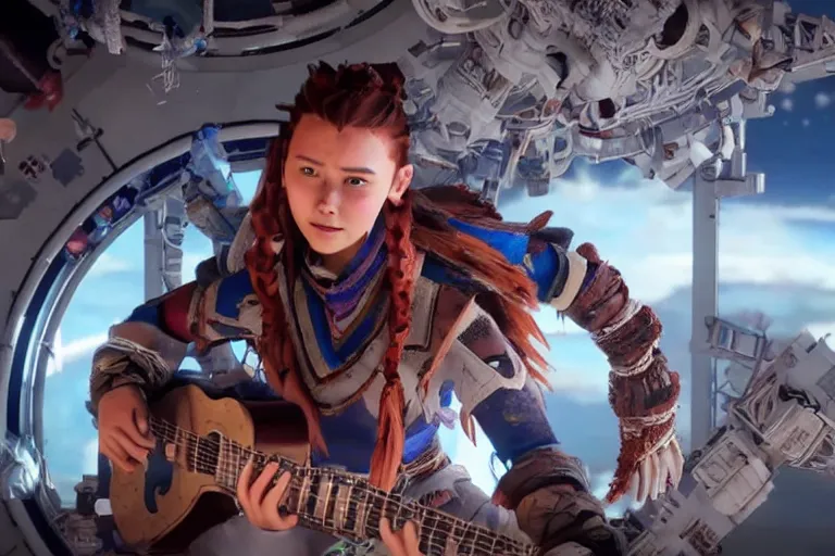 Prompt: cinematic picture of aloy from the horizon zero dawn videogame playing the guitar in the international space station