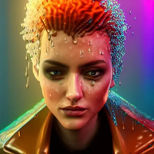 Image similar to stylish woman cartoon portrait made out of rain, leather jacket, cyberpunk background, rendered in octane, unreal engine, highly detailed, trending on artstation, realistic, neon, beautiful