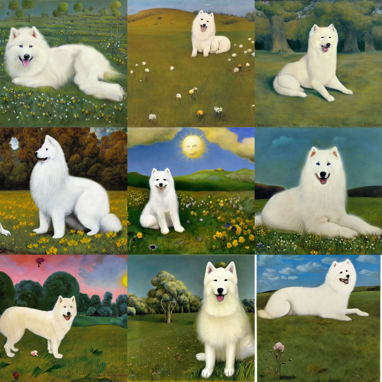 Prompt: a samoyed dog sitting in the middle of sunny meadow, by dorothea tanning