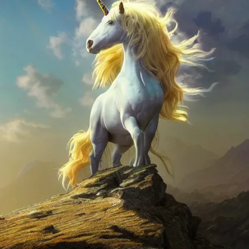 Prompt: a iridescent unicorn looking off a cliff that shows a covered in toxic smog, ultra realistic, concept art, intricate details, highly detailed, photorealistic, octane render, 8 k, art by artgerm and greg rutkowski and alphonse mucha