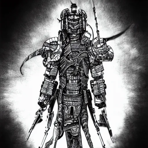 Image similar to japanese futuristic warrior with many scars, high detail, hyperdetailed, hard ink, no pencils, drawing