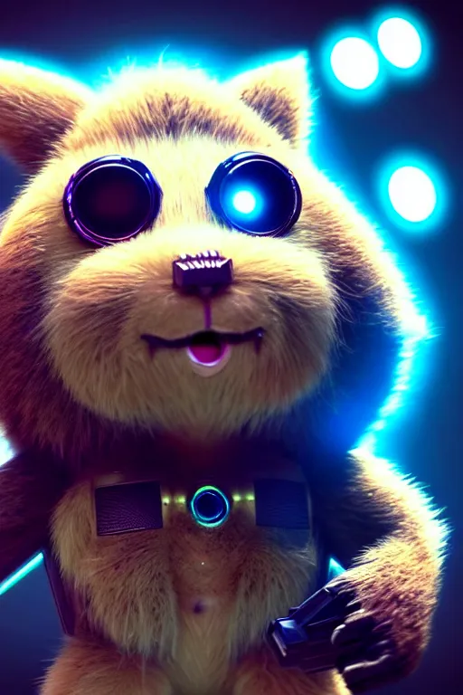 Prompt: high quality video game sci - fi very cute fluffy! wombat!! cyborg with futuristic mechanical parts, cyberpunk monocle!, highly detailed, unreal engine cinematic smooth, in the style of detective pikachu, hannah yata charlie immer, dark blue neon light, low angle, uhd 8 k, sharp focus