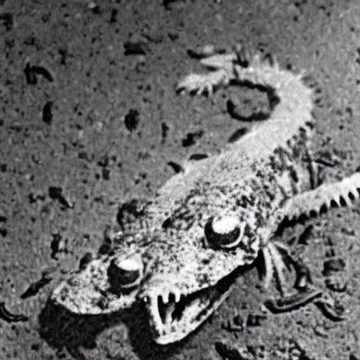 Prompt: “Horrific scrawny cryptid mutant reptilian axolotl escaping from a lab, leaked cctv footage, black and white, night.”