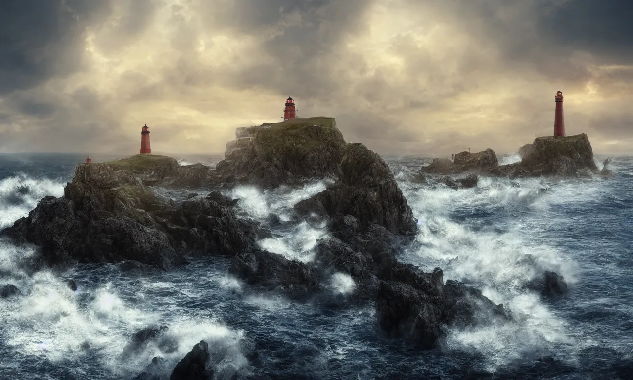 Prompt: Three lighthouses on dramatic rocky cliff, large waves hitting the cliff, small nordic mythical town in the background, dark stormy clouds, dawn, fantasy, cinematic, dramatic lighting, photorealistic, unreal engine, artstation, detailed, 4k