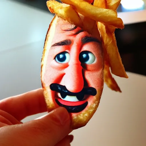 Image similar to photo of [ a single salted french fry chip ] shaped like that looks like stephen fry as a pixar character hybrid intercross mix cinematic lighting