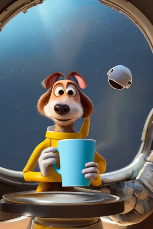 Prompt: portrait of a astronaut dog holding a cup of coffee with the space in background, full body. pixar disney 4 k 3 d render funny animation movie oscar winning trending on artstation and behance, ratatouille style