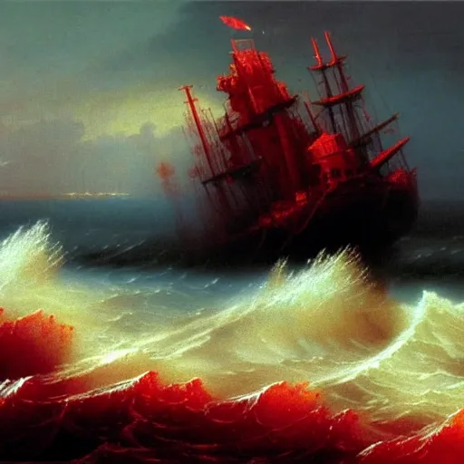 Image similar to bloody ocean, rusted iron ship sinking in red blood ocean, by Ivan Aivazovsky, junji ito, hd 8k