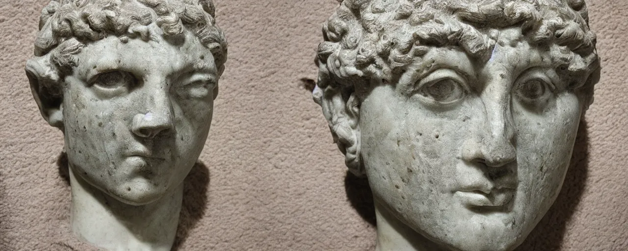 Prompt: ancient roman marble bust of an alien with 6 eyes and antennae