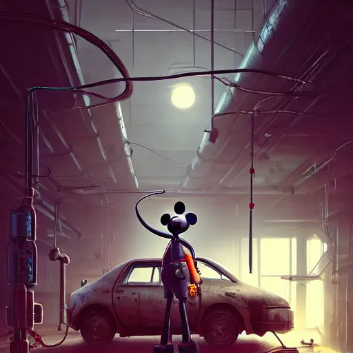 Image similar to mechanics fixing bloody mickey mouse head, mechanic facility, made by beeple, cgsociety, artgerm, greg rutkowski, highly detailed intricate 4 k art, low light cinematic, octane render, unreal engine,