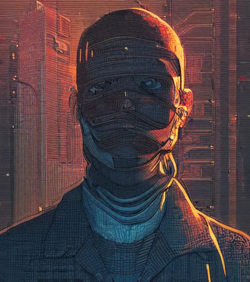 Image similar to a cyberpunk man with a glitching face, techwear, Industrial Scifi, detailed illustration, character portrait, by Martin Grip and Moebius