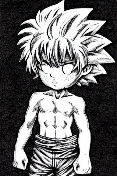 Prompt: salvage little boy in lion suit, black and white artwork made by kentaro miura and yoshihiro togashi