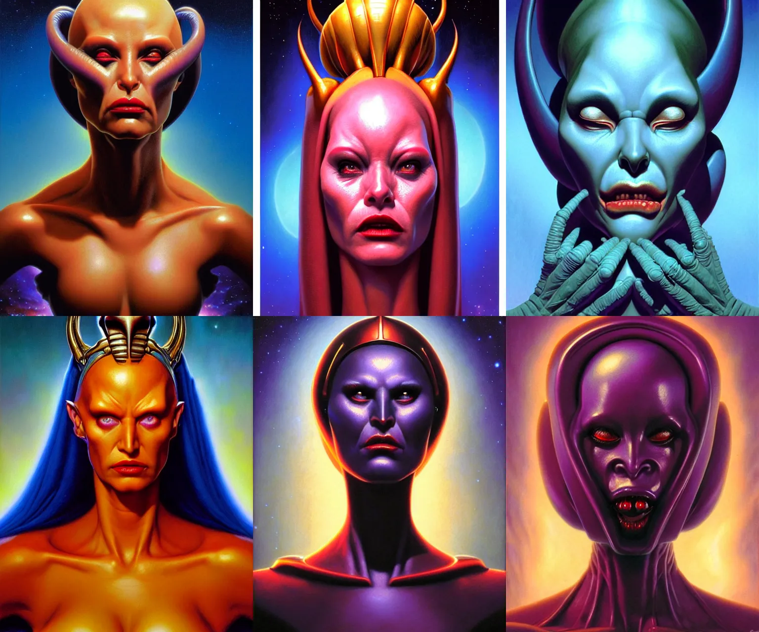 Prompt: cinematic bust portrait of villainous female extraterrestrial queen, head and chest only, exotic alien features, big full lips, Tim Hildebrandt, Wayne Barlowe, Bruce Pennington, donato giancola, anne stokes, oil on canvas, masterpiece, trending on artstation, featured on pixiv, cinematic composition, dramatic pose, beautiful lighting, sharp, details, hyper-detailed, HD, HDR, 4K, 8K