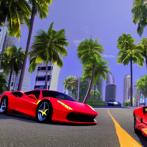Prompt: a 3D render depicting Outrun videogame. Car from behind. Red Ferrari. Palm trees. Horizon. Unreal Engine. Octane Render. Vray. Arnold Render. Car Shader. 80s Videogame. infinite road. audience around the road. Miami