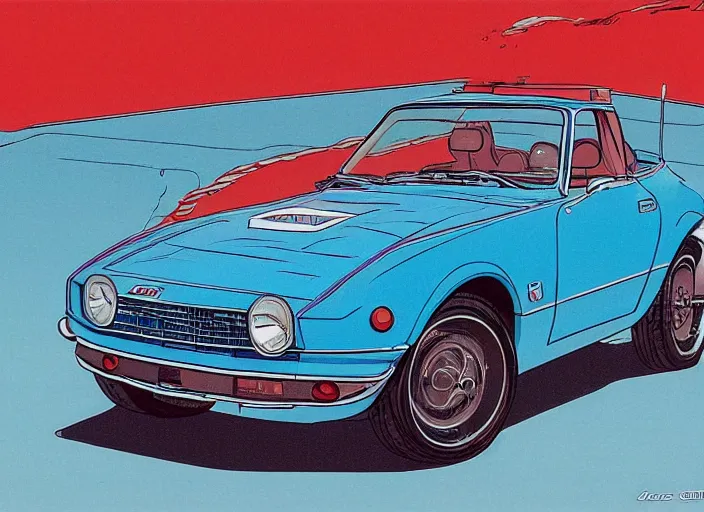 Image similar to highly detailed 1 9 6 9 red datsun fairlady roadster, retro minimalist art by jean giraud, moebius starwatcher comic, sharp, 8 k