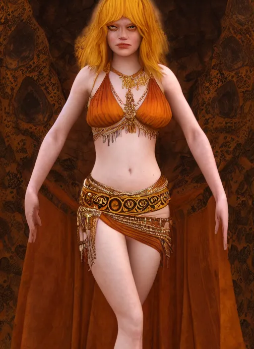 Image similar to portrait of emma stone as a belly dancer, au naturel, hyper detailed, digital art, trending in artstation, cinematic lighting, studio quality, smooth render, unreal engine 5 rendered, octane rendered, art style by klimt and nixeu and ian sprigger and wlop and krenz cushart.