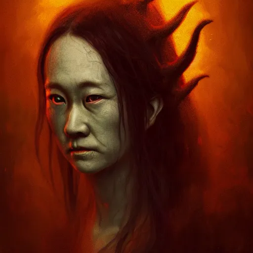 Image similar to horrifying creepy onryo portrait, atmospheric lighting, painted, menacing, haunted house theme, intricate, volumetric lighting, beautiful, rich deep colours masterpiece, golden hour, sharp focus, ultra detailed, by leesha hannigan, ross tran, thierry doizon, kai carpenter, ignacio fernandez rios