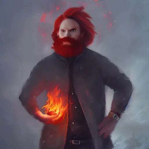 Image similar to grumpy young red haired man with red beard, wearing black coat, fire behind him, fire, fire mage, shooting fire, oil painting, fantasy artwork, fantastic artwork, 4 k, trending on artstation