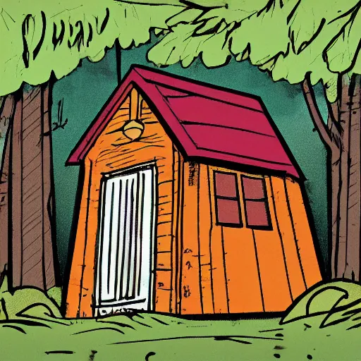 Prompt: a illustration of a Eerie cabin in the middle of the woods in the style of a Garfield comic