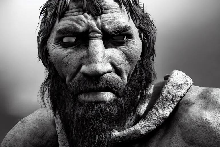 Image similar to still photo of stone age man looking at the camera in a battlefield, black and white color aesthetic, highly detailed, photorealistic portrait, bright studio setting, studio lighting, crisp quality and light reflections, unreal engine 5 quality render