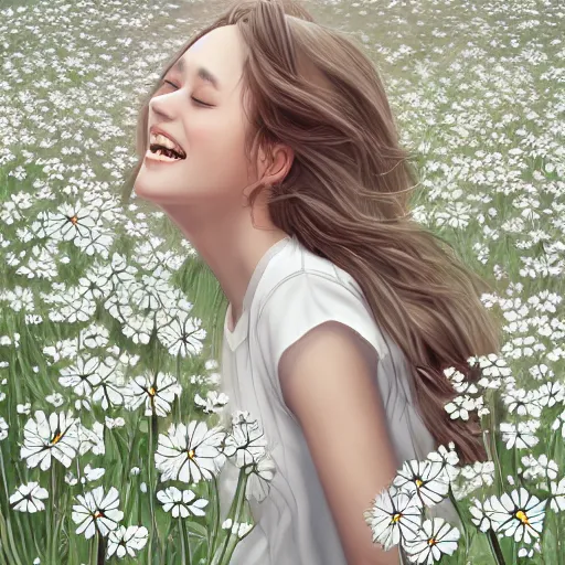 Prompt: portrait of a happy person in a field of white flowers, male, gentle lighting, shading, digital illustration, pixiv, by Artgerm