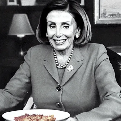 Image similar to a photograph of nancy pelosi wearing an army uniform while eating a large plate filled with scrambled eggs