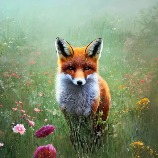 Image similar to a portrait of a cute fox in a field of beautiful flowers, by stanley lau and greg rutkowski