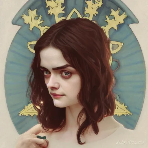 Image similar to portrait of a combination of Alexandra Daddario, Maisie Williams, Krysten Ritter, Anne Hathaway and Natalia Dwyer Christina Ricci and Lily Collins by Alphonse Mucha, trending on artstation