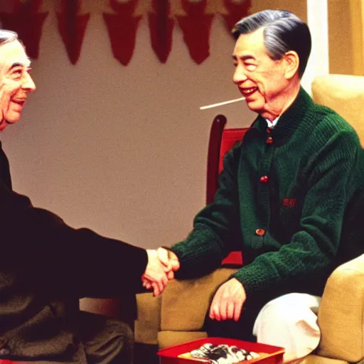 Prompt: mr. rogers and mao zedong pulling a wishbone, color photo.