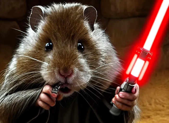 Prompt: movie still, star wars, hamster wielding a lightsaber, cinematic, sharp focus, cinematic lighting, 8 k