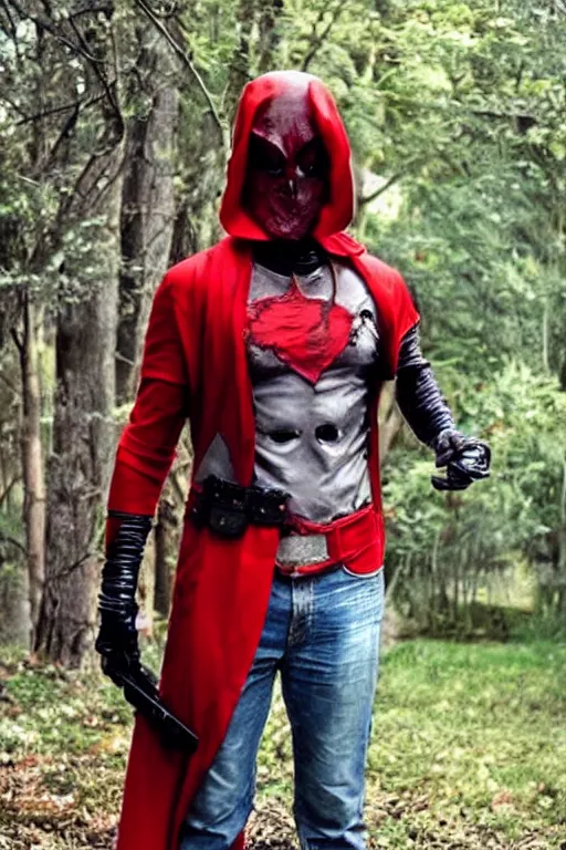 Image similar to red hood cosplay, creepy, disturbing, bloody