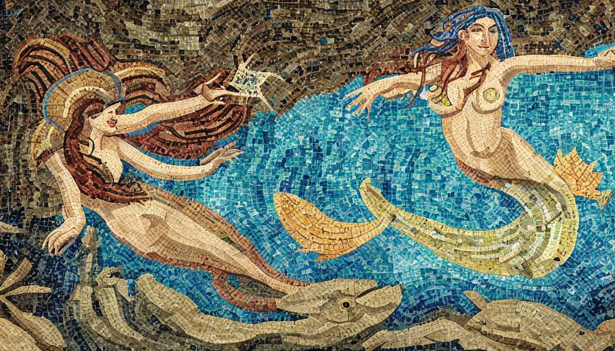 Prompt: giant roman mosaic of legendary mermaid in sea with fish and dolphins and waves on a natural cave wall, ornemental decoration, octane, artstation, illustration, stylised